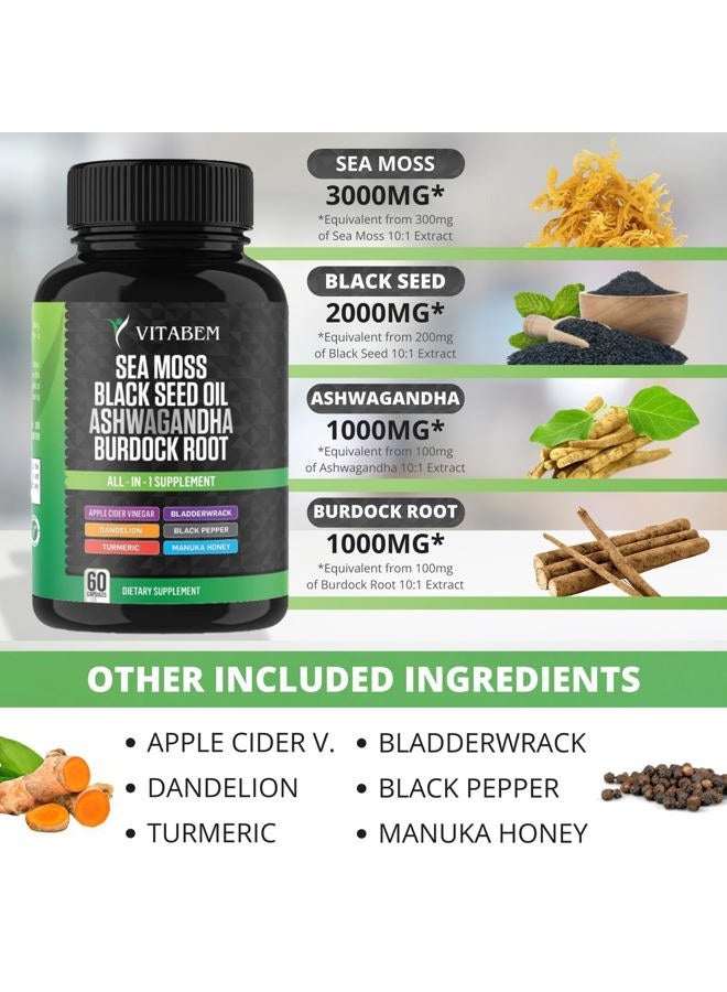 Vitabem Sea Moss Black Seed Oil Ashwagandha Turmeric Bladderwrack Burdock Root | Advanced Sea Moss Capsules All in One Supplement with Seamoss Black Seed Oil Burdock Root Capsules - 60 Count - Image 2